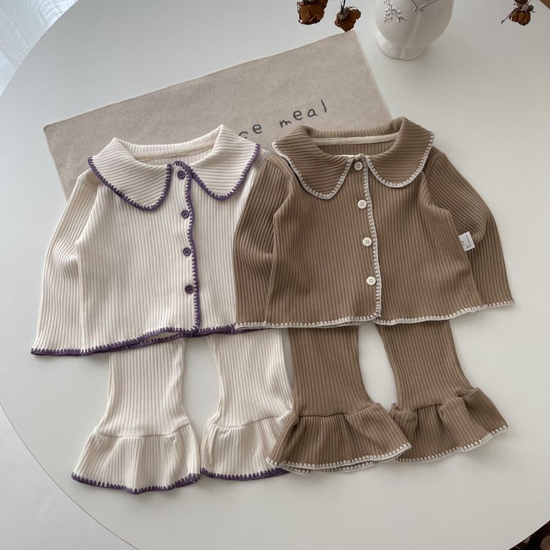 INS Spring Autumn Baby Shell Knitted Split Set for Girls Babies with contrasting color cardigan and flared pants_voghion.com