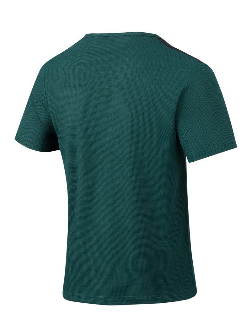 Camiseta masculina casual waffle com cordão e cor combinando, gola redonda, manga curta_voghion.com