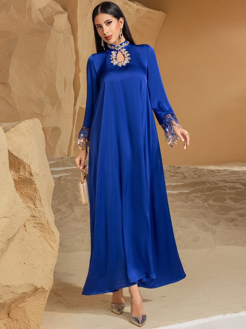 BA3147 Blue Iridescent Laser Gradient Tassel Abaya Long Dress_voghion.com