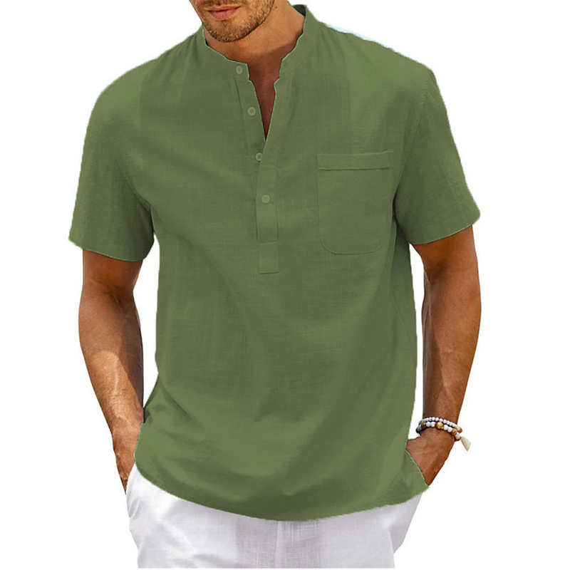 Abbigliamento da uomo, camicia a maniche corte in cotone e lino da uomo, taglia grande, tinta unita, collo alto, camicia ampia da uomo, per ragazzi, modello Cross Border_voghion.com