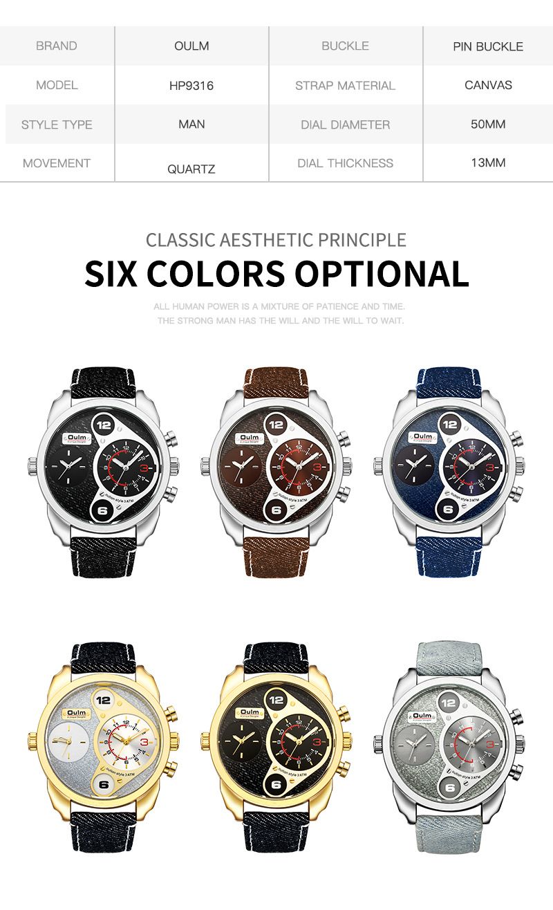 Orologio al quarzo casual da uomo in denim con doppio fuso orario, quadrante grande da 50 mm, fibbia in acciaio inossidabile, vetro minerale, orologio al quarzo resistente all'acqua fino a 30 m_voghion.com