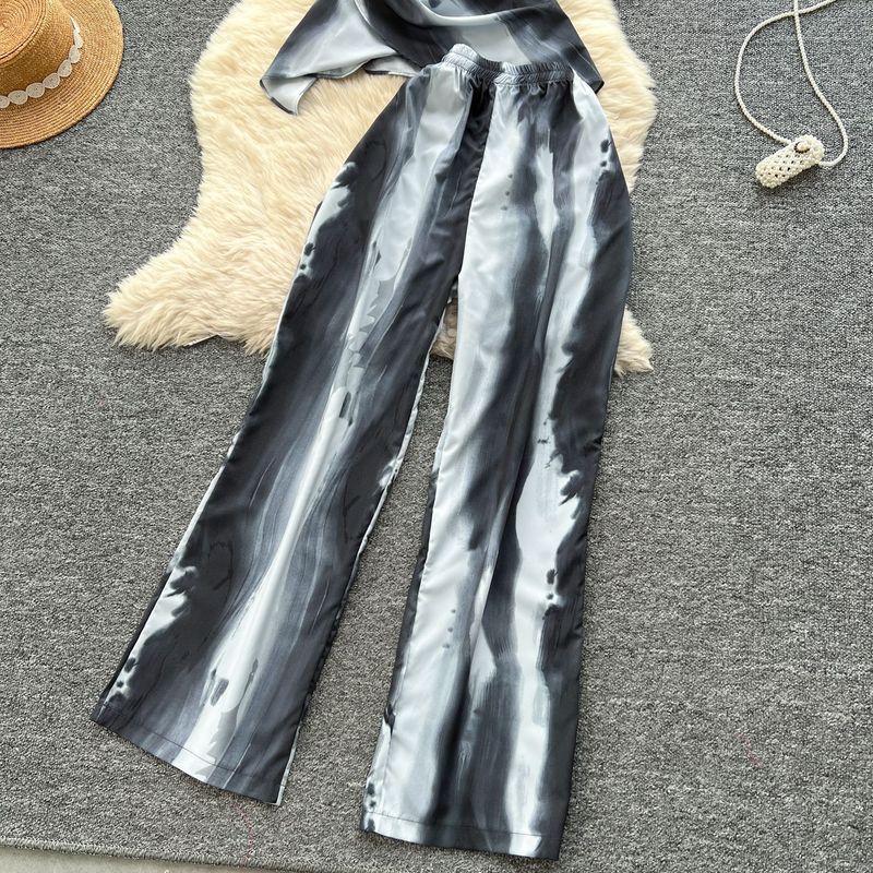Women's Clothing Two Piece Suit Cross Waist Round Neck Short Sleeves Printed Top High Waist Casual Wide Leg Pants_voghion.com