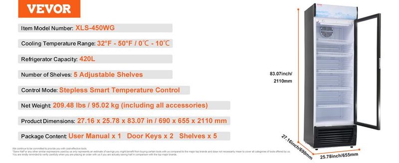 VEVOR Commercial Merchandiser Refrigerator, 14.8 Cu.Ft / 420L Beverage Refrigerator Cooler Merchandiser, Glass Door Display Refrigerator Upright Fridge With 5 Adjustable Shelves, Customizable Lightbox_voghion.com
