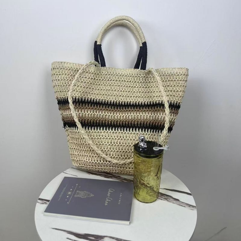 Borsa a tracolla alla moda da donna in paglia a righe patchwork, nuova estate 2025_voghion.com