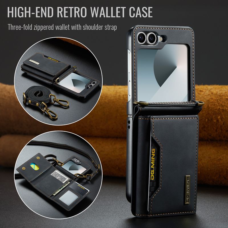 Custodia pieghevole M2 per Samsung Z Flip6 Custodia per telefono con portafoglio per carte Custodia protettiva in pelle con tracolla Z Flip6_voghion.com