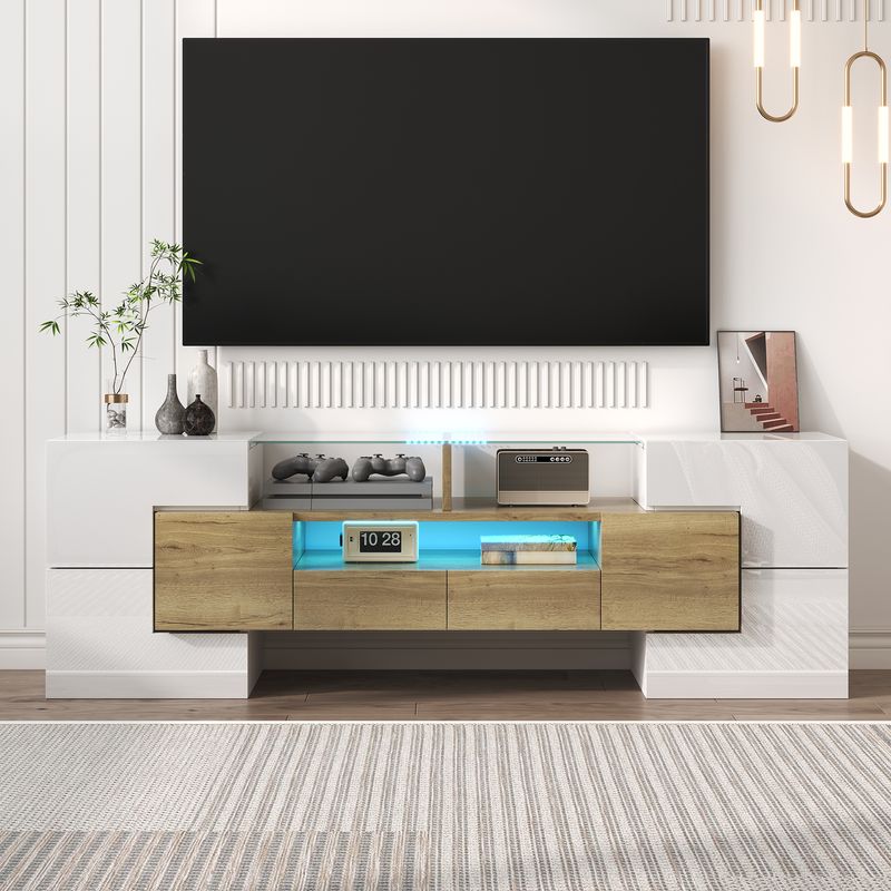 Meuble TV moderne, buffet bas blanc brillant de 145 cm avec éclairage LED, surface en verre élégante, mobilier de salon contemporain_voghion.com
