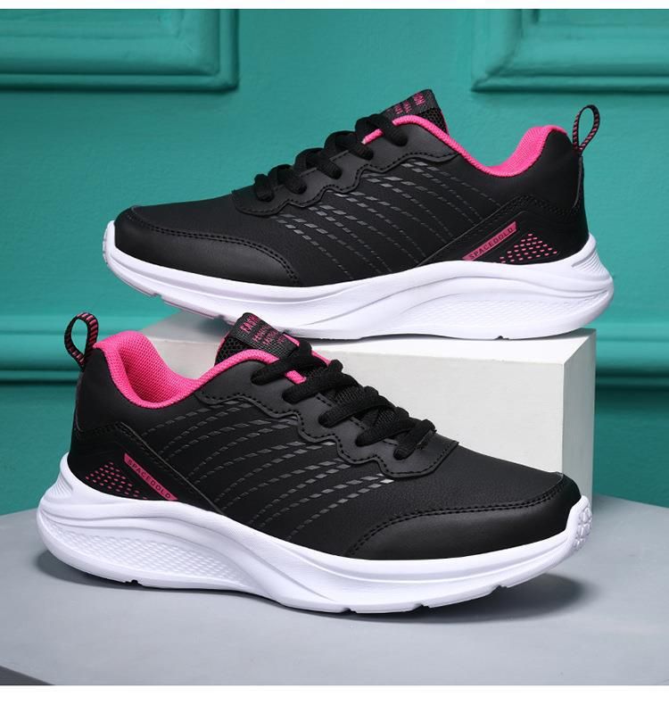 Black casual running women's autumn sports , lightweight soft soled leather surface, waterproof and non slip, work_voghion.com