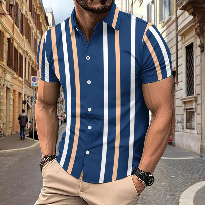 Camicia a maniche corte da uomo casual stampata a righe 2024_voghion.com