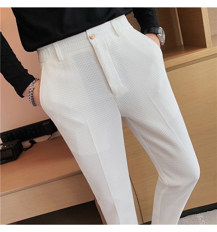 Men's Clothing Style Light Mature Men's Casual Waffle Trousers Waist Elastic Trousers Youth Skinny Trousers_voghion.com