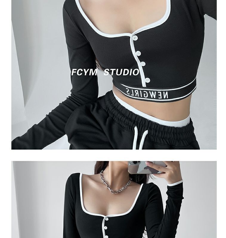 【】Letter elastischer Saum Farbblockbesatz Langarm Quadratischer Ausschnitt Slim Fit Schlankmachendes Hot Girl Top_voghion.com