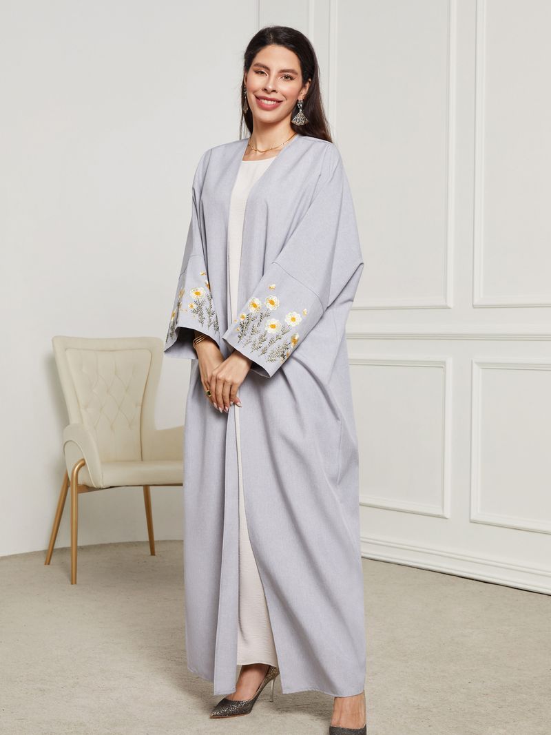 Abito lungo da donna in tessuto di poliestere, elegante, con cardigan aperto ricamato, alla moda musulmana, a maniche lunghe, primaverile_voghion.com
