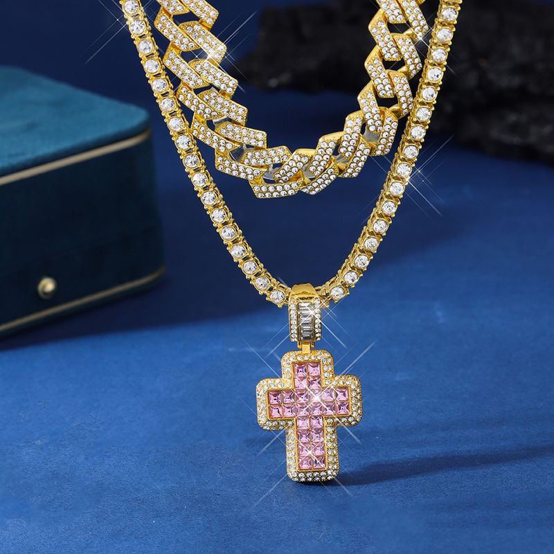 Pandantiv cruce roz cu personalitate în stil nou, cu lanț cubanez cu diamant, set de lanțuri de tenis, accesorii hip-hop în stil stradal din aliaj_voghion.com