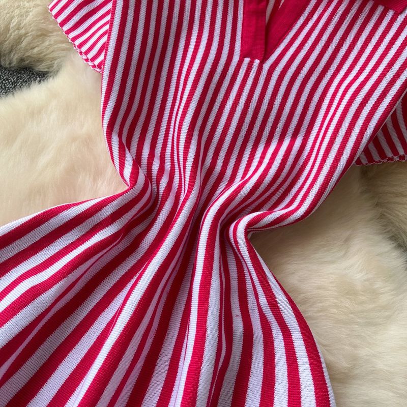 Rochie scurtă tricotată cu dungi și rever retro în contrast francez, cu mânecă scurtă, cu talie subțire, în linie A, pentru femei, cu temperament, stil francez, îmbrăcăminte, comerț exterior_voghion.com