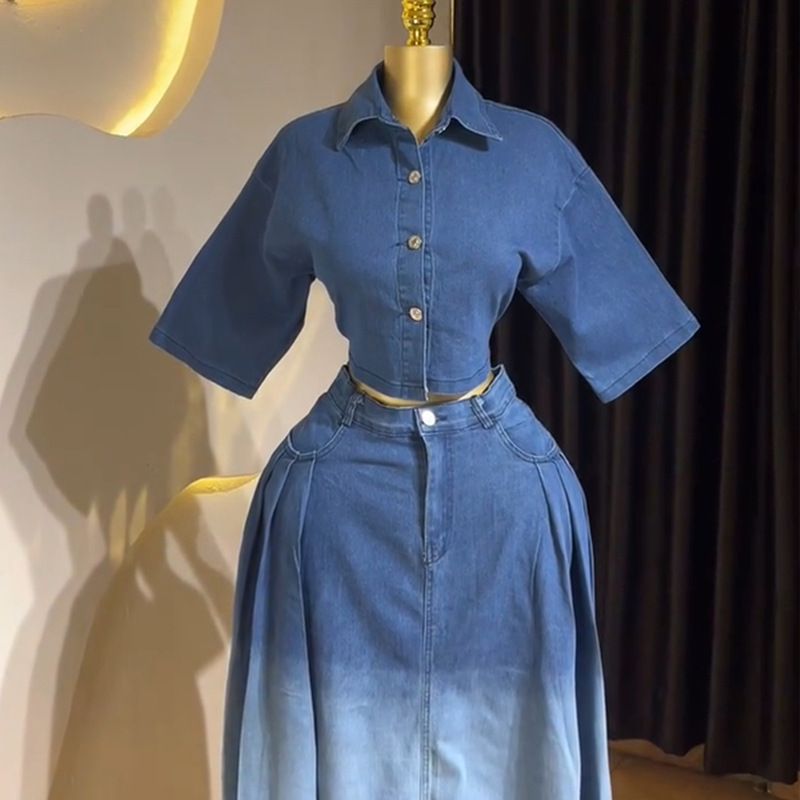 Trendy Denim Crop Top & High-Waist Skirt Set – Breathable Polyester Summer Outfit (S-XXL, Blue, Wrinkle-Free)_voghion.com