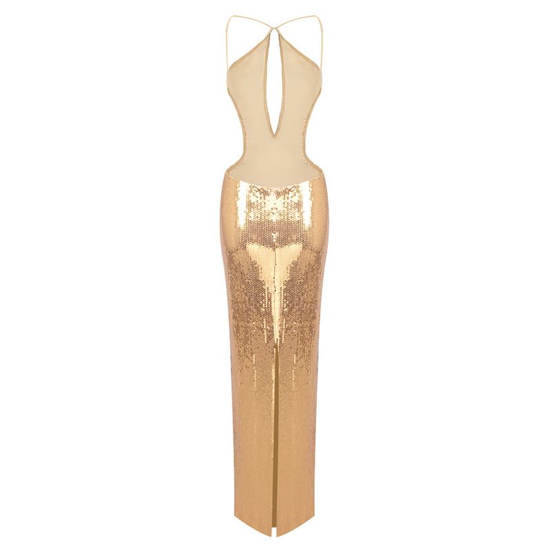 Women's Clothing High End New Nightclub Hollow Halter Backless Beaded Long Women's Dress_voghion.com