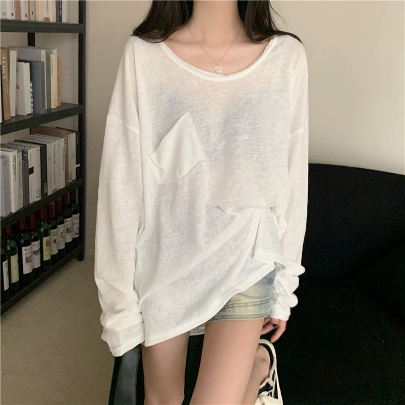 Camicetta primaverile con protezione solare per donna, maglietta a maniche lunghe in cotone di bambù sottile, strato di base bianco snellente casual ampio_voghion.com