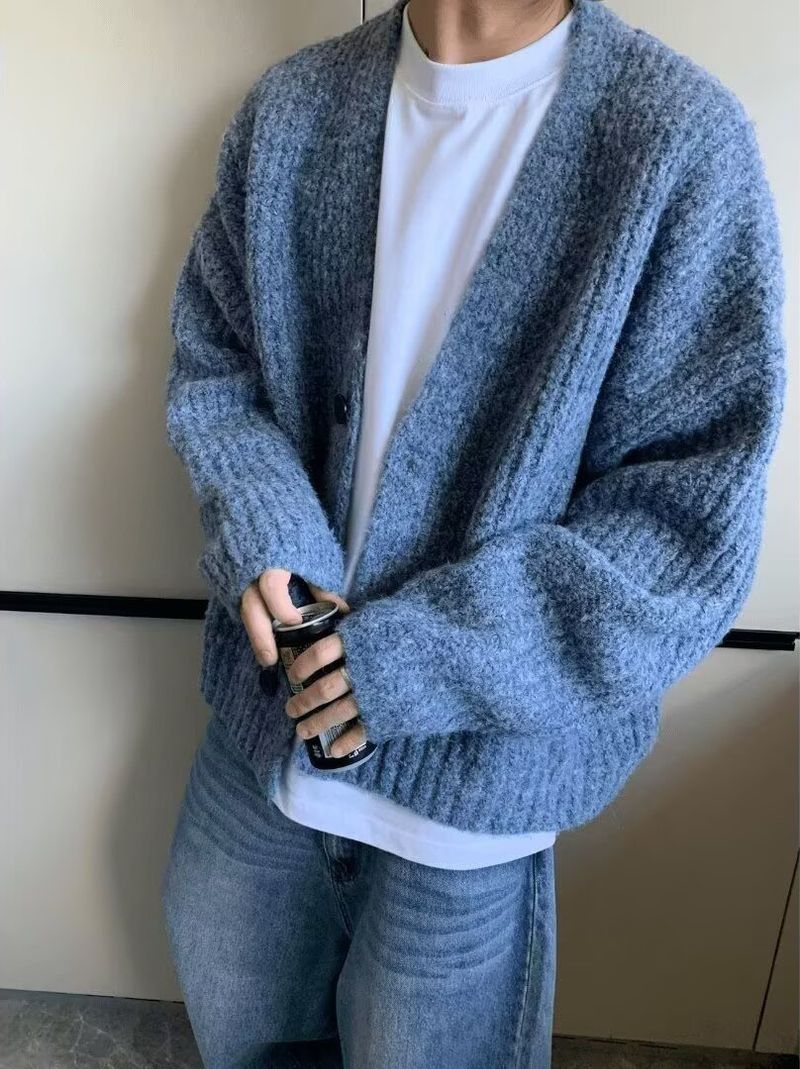 Übergroßer Herren-Strickcardigan mit V-Ausschnitt – Weicher und atmungsaktiver Pullover mit offener Vorderseite (Kaffee/Blau, Größen M-XXXL)_voghion.com