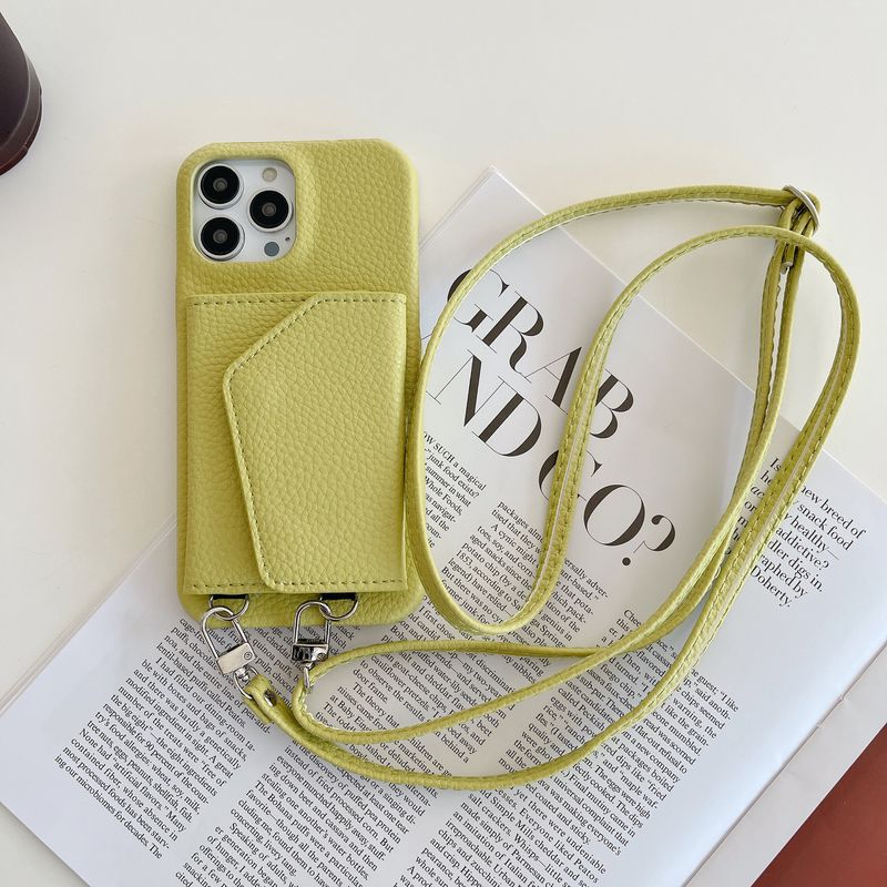 Mobile phone case card holder lanyard suitable for iPhone 14 Promax mobile phone case Apple 15 leather beauty mirror mobile phone case_voghion.com