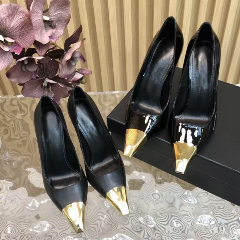 High End Black Patent Leather Metal Toe High Heels For Women 2024 New Slim Heel Pointed Shallow Mouth Single Shoe Sexy_voghion.com