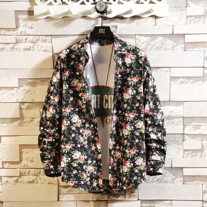 Spring And Autumn New Men's Printed Long Sleeve Floral Shirt_voghion.com