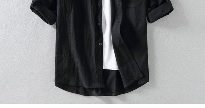 Abbigliamento maschile Camicia estiva in lino Camicia a maniche corte da uomo Camicia larga in cotone e lino a maniche corte Camicia a tre quarti con bottoni Top Abbigliamento_voghion.com