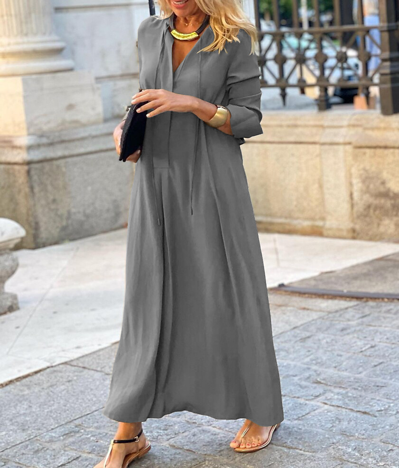 2022 Nuovo stile grande swing tinta unita colletto rovesciato manica semplice casual abito camicia lunga_voghion.com
