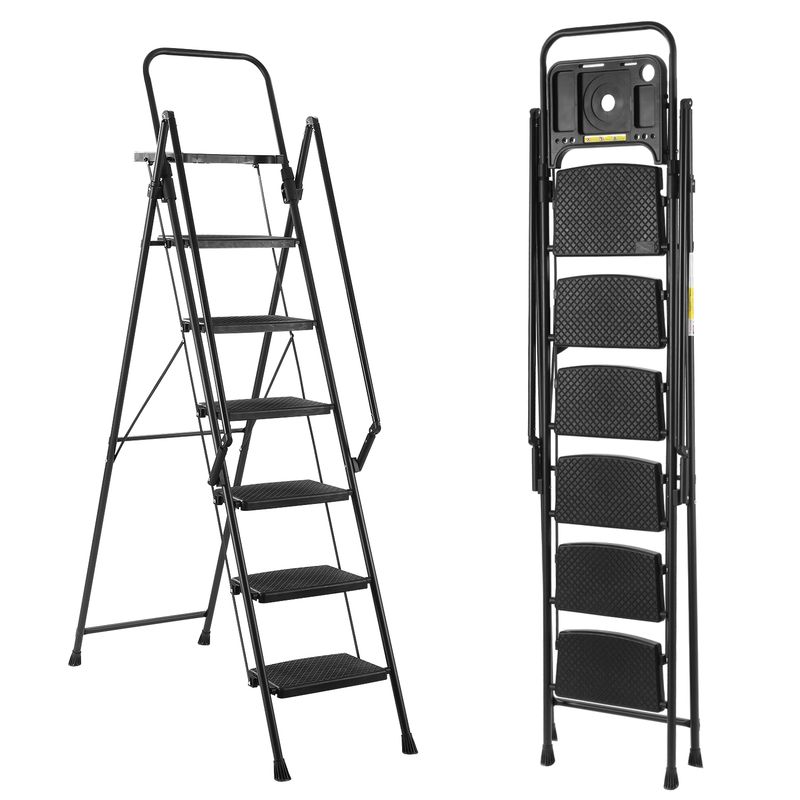 Folding Step Stool With Bandwidth Anti Slip Pedals And Tool Trays, Lightweight And Portable Steel Step Stool, Perfect For Kitchen And Home, Indoor And Outdoor Use, Sturdy Steel Steps (6 Levels)_voghion.com