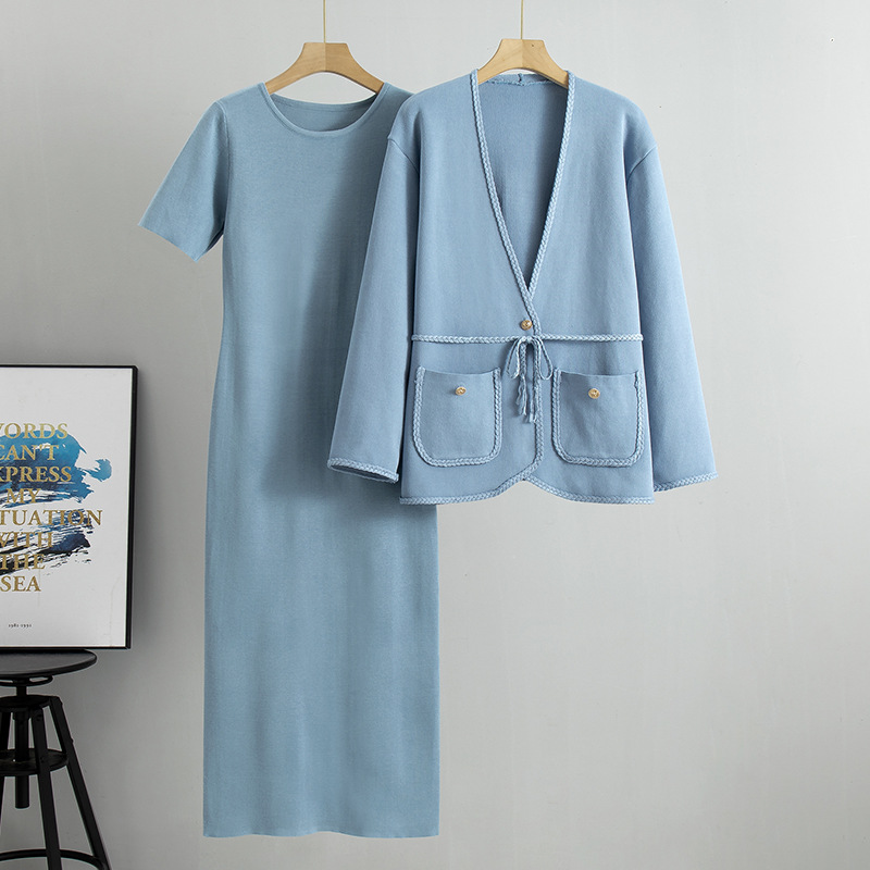 Women's Clothing 2025 Spring And Autumn New Casual Loose Fashion Cardigan Sweater Long Dress Two-Piece Set_voghion.com