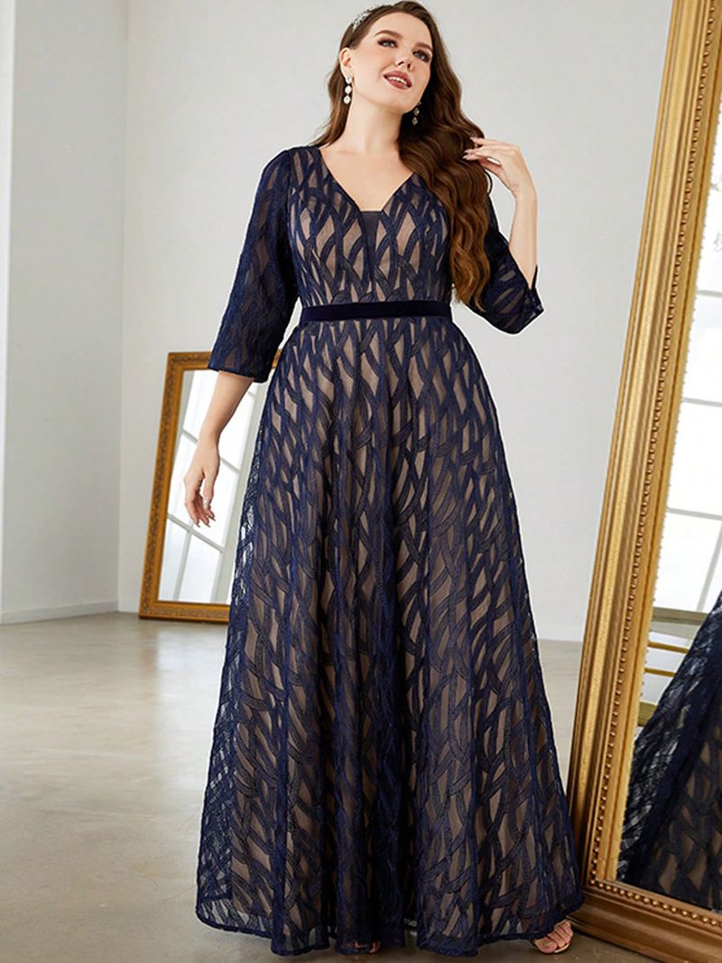 Robe de soirée élégante grande taille à col en V profond pour fêtes, mariages et occasions spéciales – Robe trapèze en polyester extensible avec détails brodés_voghion.com