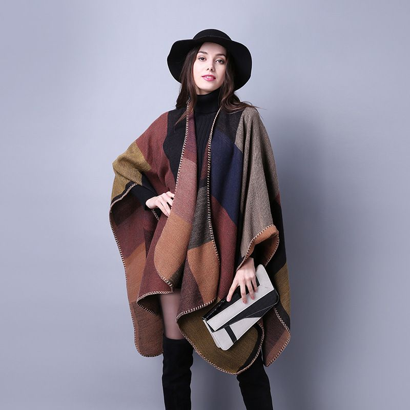 Autumn and Winter Scarves Versatile Plaid Women's Travel Shawl Cashmere Ethnic Style Split Thickened Cloak_voghion.com