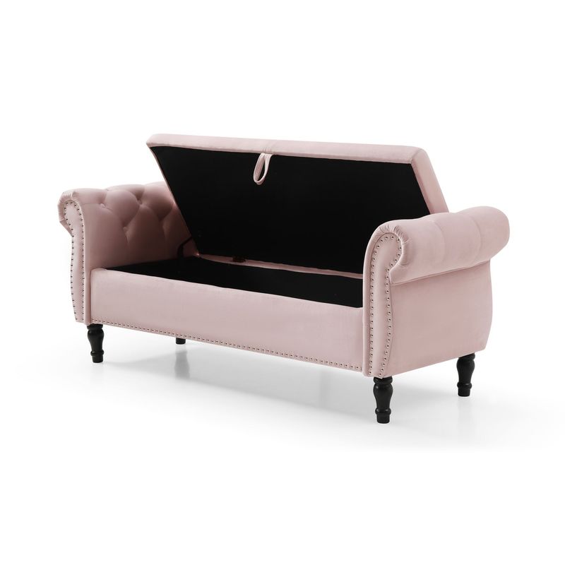 Aijia 63" Velvet Multifunctional Storage Rectangular Sofa Stool Buttons Tufted Nailhead Trimmed Solid Wood Legs With 1 Pillow,Pink_voghion.com