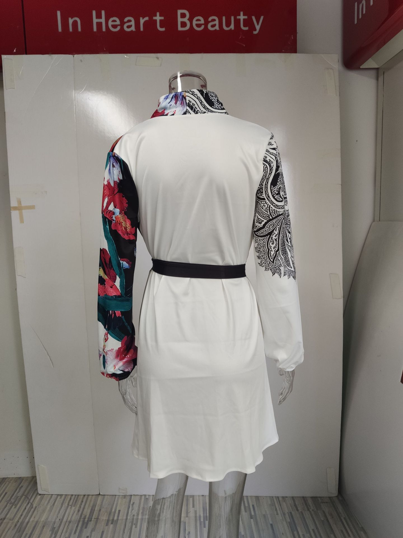 Elegante abito monopezzo con cintura in vita e motivo a blocchi di colore per donna - Abito estivo fluido con scollo a V e maniche lunghe, comodo tessuto in poliestere_voghion.com
