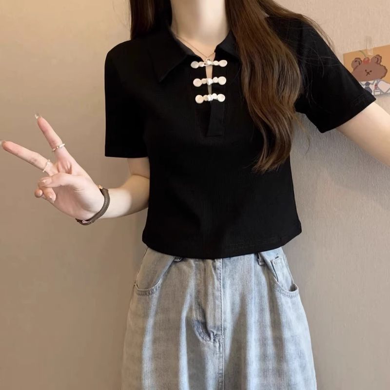 New buckle Chinese style sleeved T-shirt for women in summer 2024, covering the belly and showing off thinness, short_voghion.com