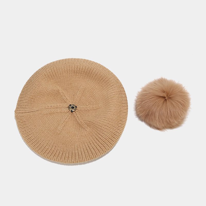 Hot Sale Women'S Elegant Removable Fox Fur Ball Berets Autumn Winter Warm Knitted Beanie Hats For Girls Solid Colour Elastic_voghion.com