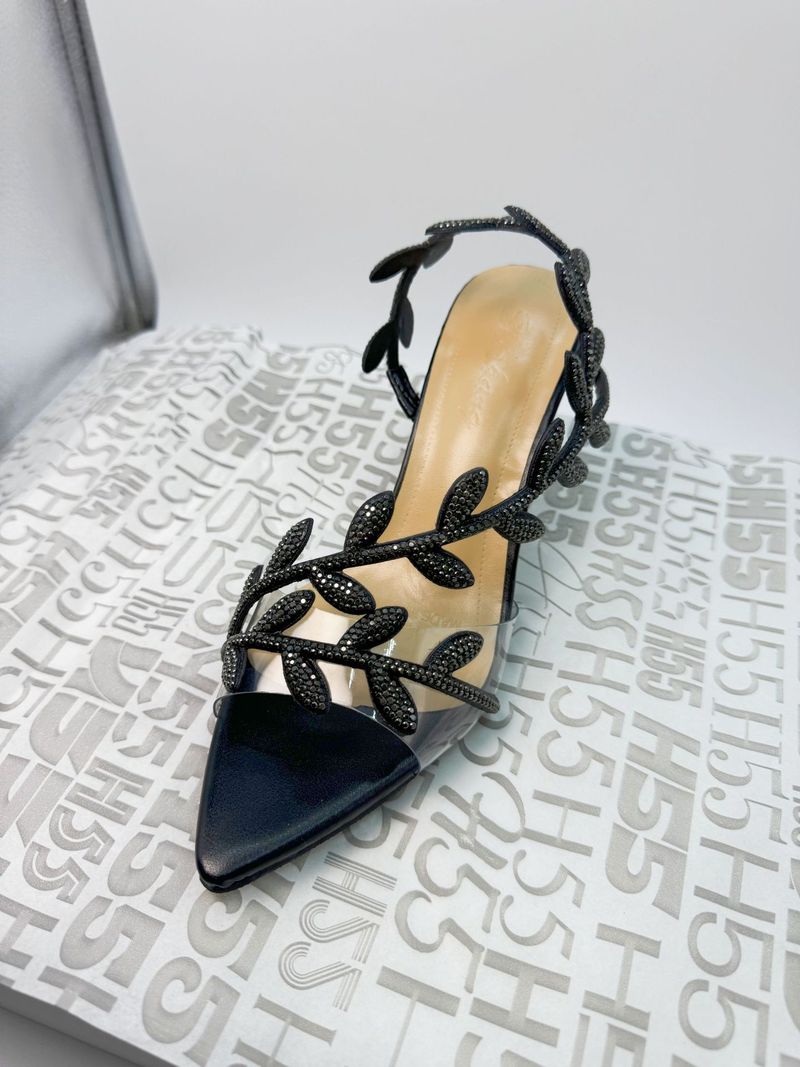 2025 Spring Straight Pointed Toe Rhinestone Leaf Sandals, Novelty Style, Fashion High Heels Casual Versatile_voghion.com