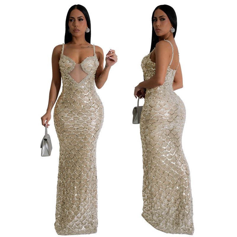 Sexy V-Ausschnitt, fächerförmiges Pailletten-Hosenträgerkleid für Damen, modisches und elegantes Promi-Party-Dinner_voghion.com