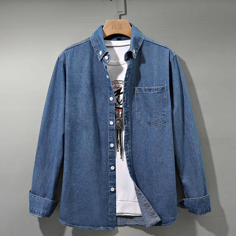 Camicia in denim lavato tinta unita, abbigliamento da uomo di fascia alta trendy e versatile a maniche lunghe da uomo, camicia da lavoro, giacca casual giapponese_voghion.com