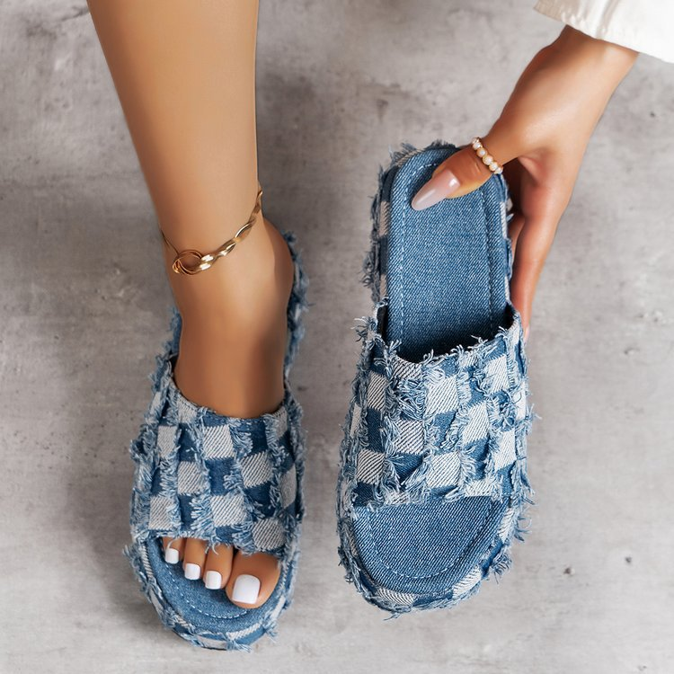 Groot formaat stoffen oppervlak, dikke zool, één lijn slip voor dames met schuine hakken en strandsandalen met ronde neus._voghion.com
