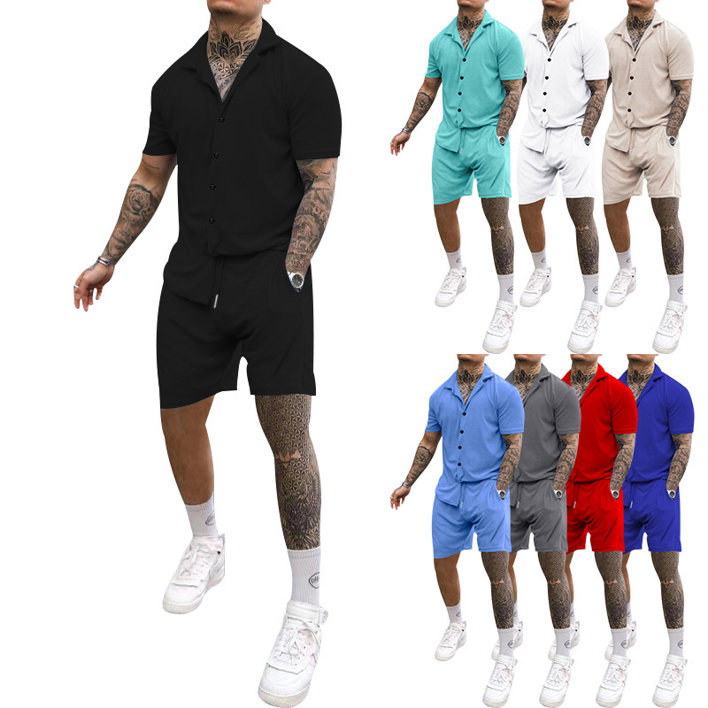 Set 2023 Summer Men's New Solid Color Casual Turn-down Collar Short Sleeve Shirt For Men_voghion.com