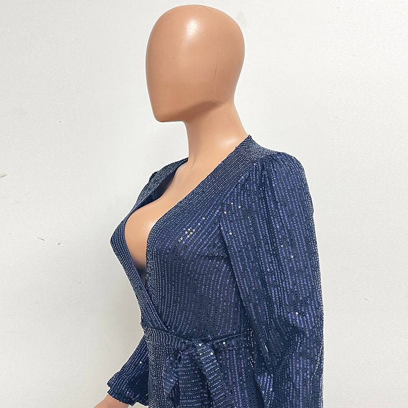 Damkläder Ins Style Deep V Mode Casual Jumpsuit Långärmat Bälte Paljett Jumpsuit Dam_voghion.com