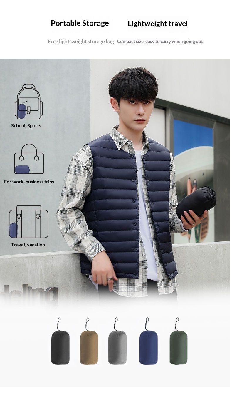Gilet sans manches léger en duvet pour homme Cove Wholesale, gilet d'extérieur, grandes tailles, sans col, col rond, court, ultra-fin_voghion.com