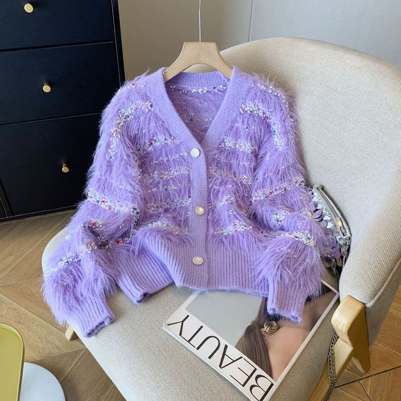 Pull tricoté pour femme, veste en tricot imitation vison moelleux, cardigan surdimensionné à col en V ouvert sur le devant, fil doux et confortable avec pois colorés_voghion.com