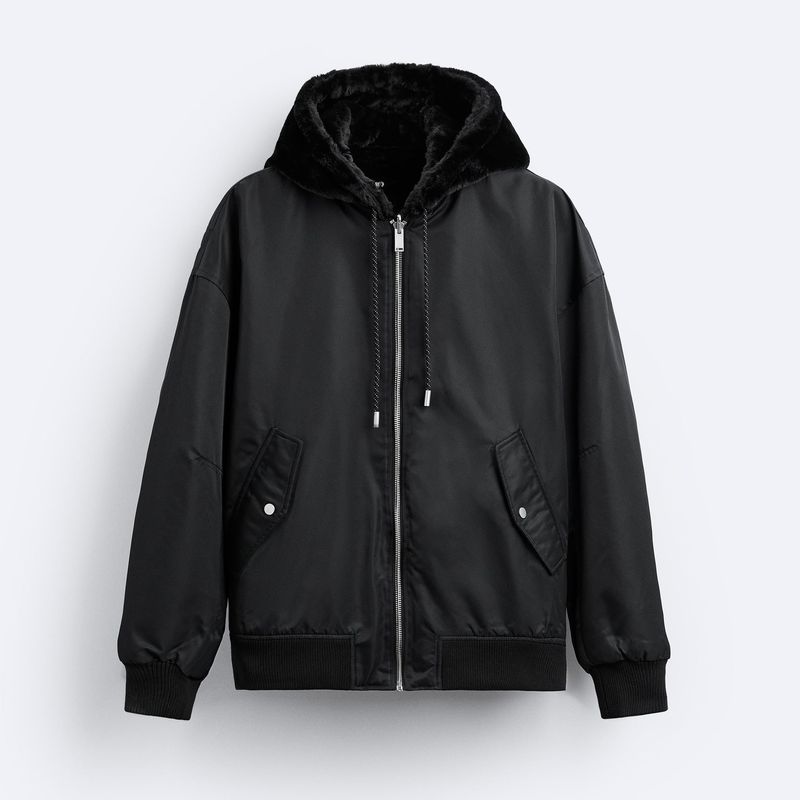 Men's Reversible Thickened Fleece-Lined Hooded Bomber Jacket For Winter, Streetwear Cotton Coat, Black/Grey (S/M/L/XL)_voghion.com