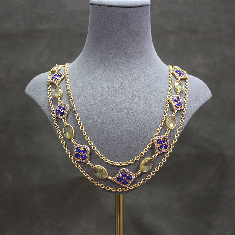 Middeleeuwse terugkeer stijl Tsjechische kristal lange trui ketting retro mode reïncarnatie ketting nieuwe Chinese stijl blauwe klavertje vier_voghion.com