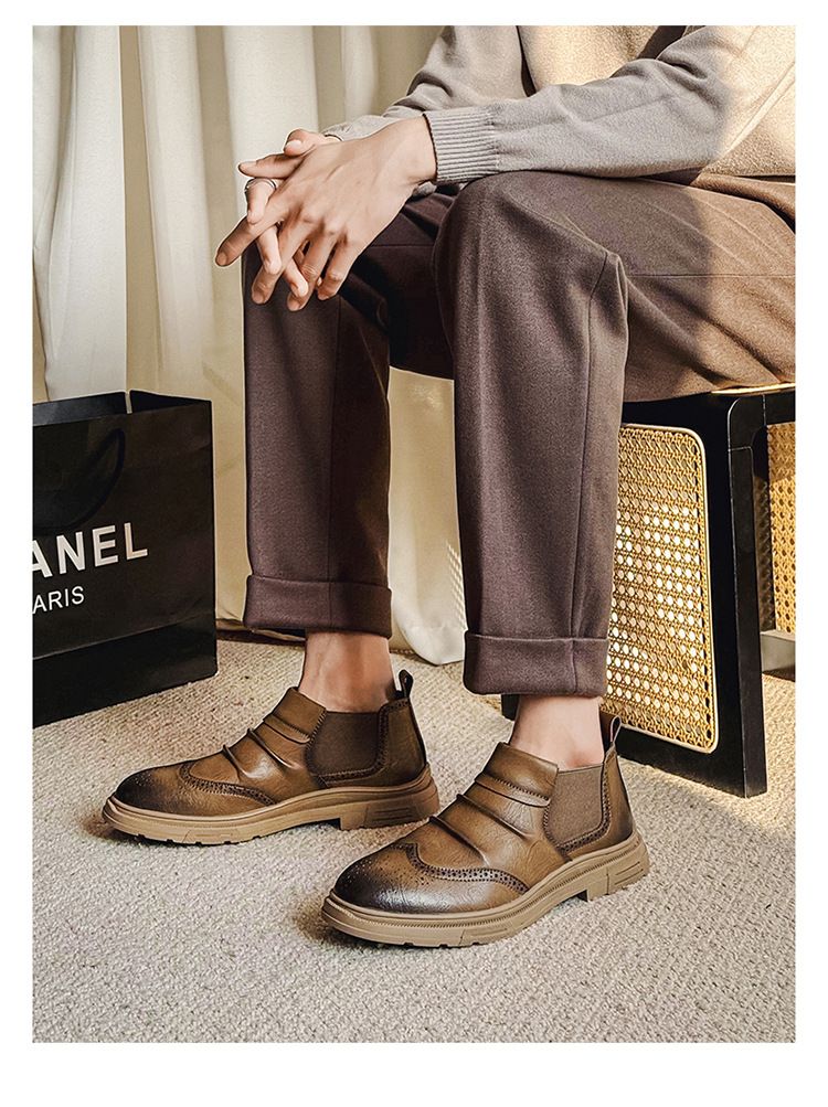 Voyage Autumn Winter New Brogue Shoes British Style Thick-soled Short Men's Casual Low-top Leather Boots Factory Direct Sales_voghion.com