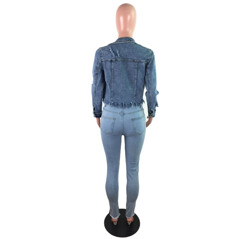 Damenmode-Persönlichkeit, zerrissene Fransen, kurze Vintage-Langarmjacke, Jeansjacke_voghion.com