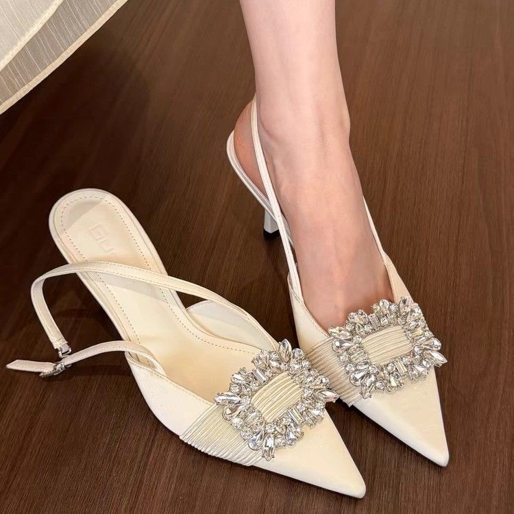 Morning Steps, Elegancia, Tacones altos con hebilla cuadrada y punta en amarillo crema claro con diamantes de imitación, Aire de primavera y verano para mujer_voghion.com
