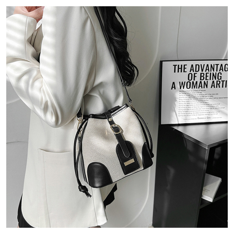 Women's Bucket Bags Hand-held Bucket Bag Female Canvas Contrast Drawstring With High-grade Shoulder Crossbody Bag_voghion.com