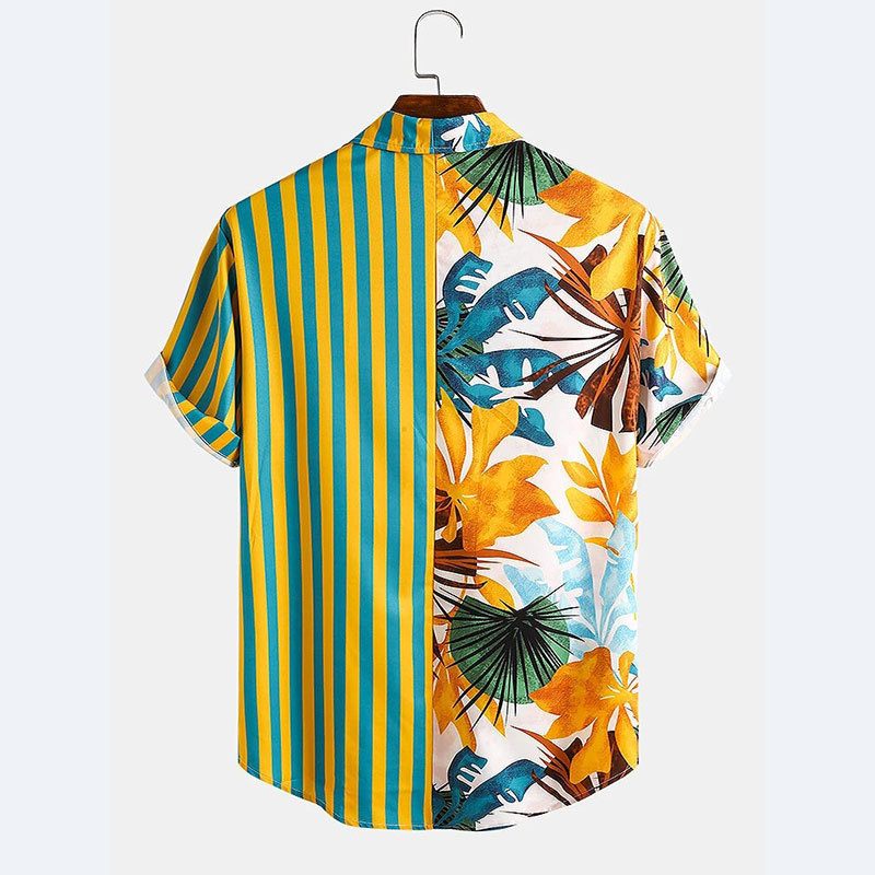 Camicia da uomo con risvolto a contrasto di colore Camicia a maniche corte con stampa patchwork a righe larghe in cocco da spiaggia_voghion.com