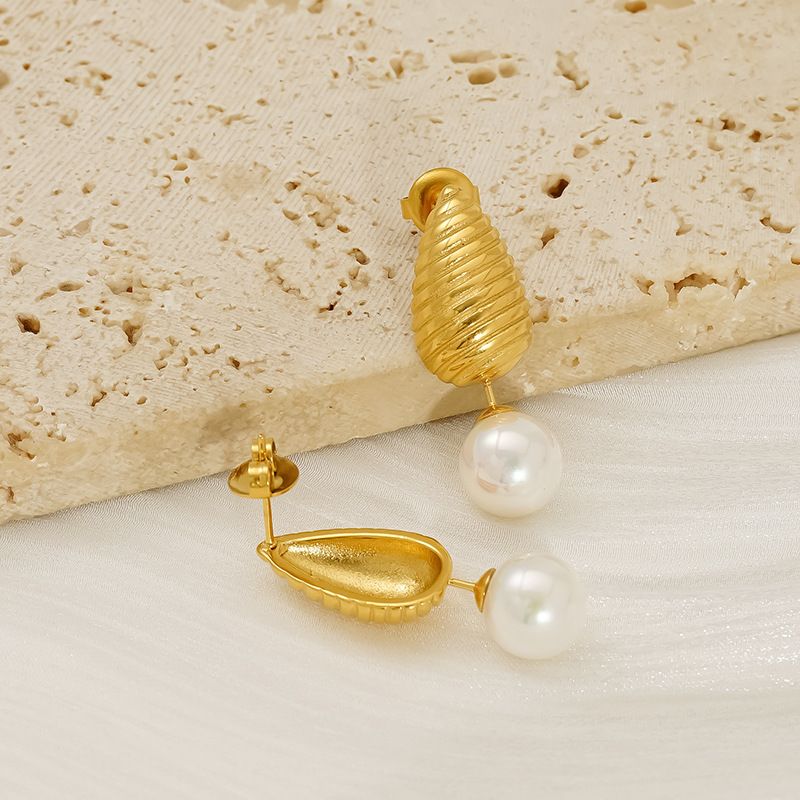 Ins Style Titan Wassertropfen Gold Edelstahl Ohrringe für Frauen Modische Persönlichkeit Perlenohrschmuck_voghion.com